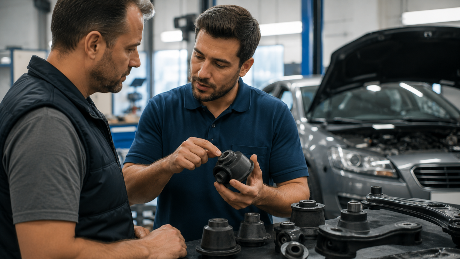Especialista orientando cliente sobre botinha automotiva em oficina moderna, destacando consultoria técnica, escolha correta de peças e confiabilidade automotiva.